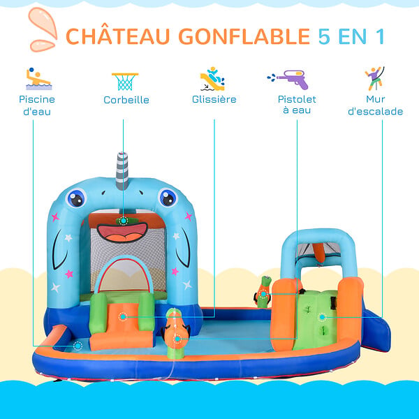 OUTSUNNY - Château gonflable enfant - trampoline, toboggans, piscine, mur d'escalade, panier, pistolets eau, gonfleur, sac transport - polyester multicolore - large