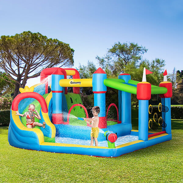 OUTSUNNY - Château gonflable structure gonflable aire de jeux 3-8 ans avec gonfleur et sac de transport 390 x 300 x 197 cm - multicolore - large