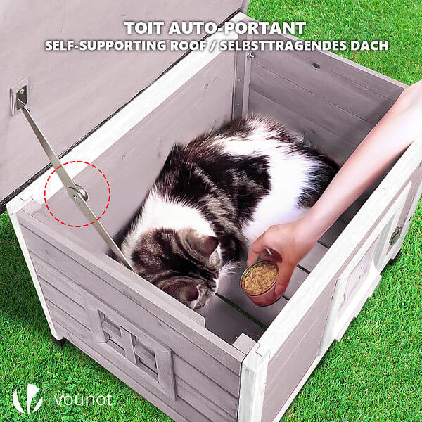 VOUNOT - Maison pour Chat en bois avec toit bitumé autoportant et porte à lamelles PVC Gris - large
