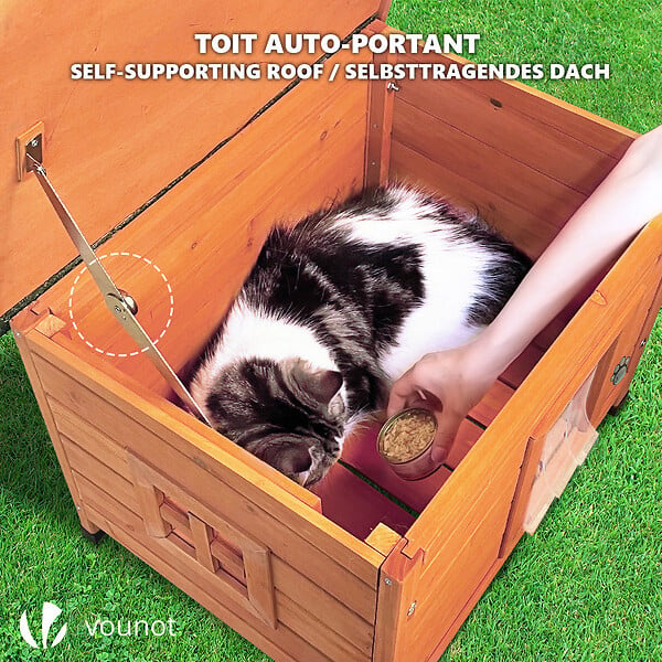 VOUNOT - Maison pour Chat en bois avec toit bitumé autoportant et porte à lamelles PVC - large