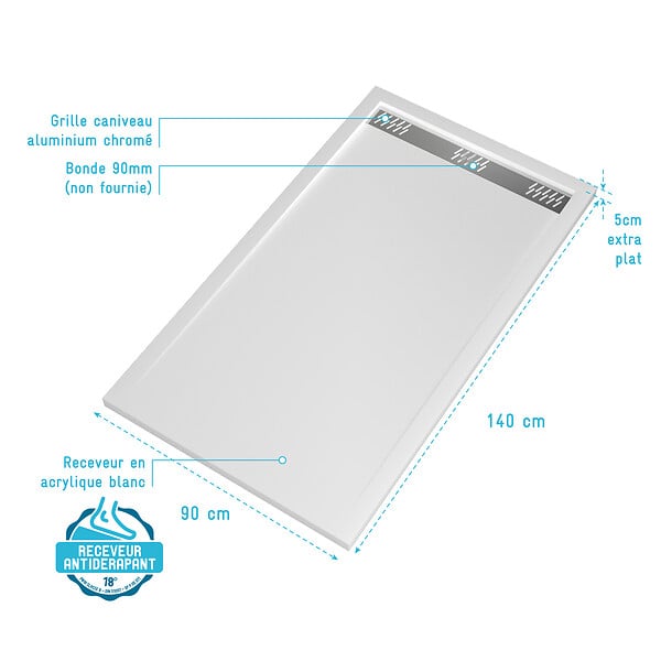 AURLANE - Receveur en acrylique Blanc 90x140x5 cm - Grille Linéaire Chrome - WHITENESS II - large