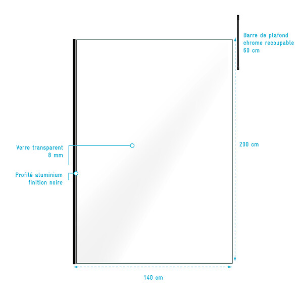 AURLANE - Paroi de Douche 140x200cm Verre Transparent - Profilé + Barre Plafond Noire - FREEDOM 2 BLACK - large