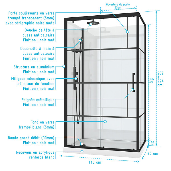 AURLANE - Cabine de douche 110x80cm / Receveur Bas - Verre transparent sérigraphié et Blanc - Profilés Noir - large