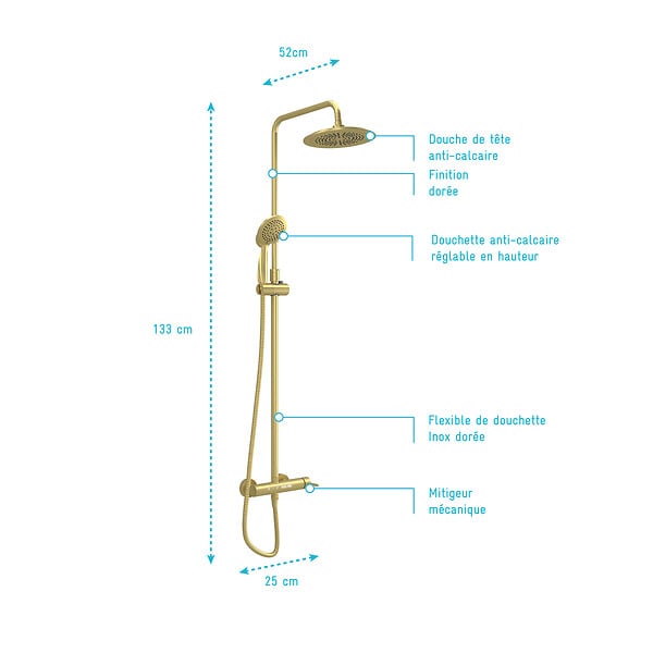 AURLANE - Colonne de douche Mécanique finition Or Doré Brossé - 133x26x52 cm - MOLLY GOLD - large