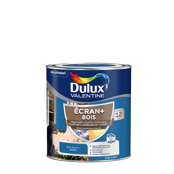 DULUX VALENTINE - Peinture extérieure bois Ecran+ Satin - Bleu Breton - 0,5L - large