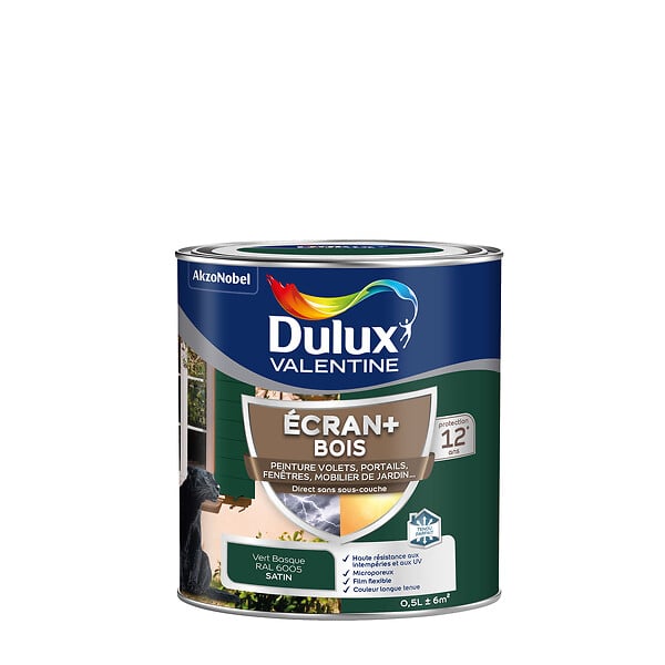 DULUX VALENTINE - Peinture extérieure Bois Ecran+ Dulux Valentine Satin-Vert Basque 0,5L - large