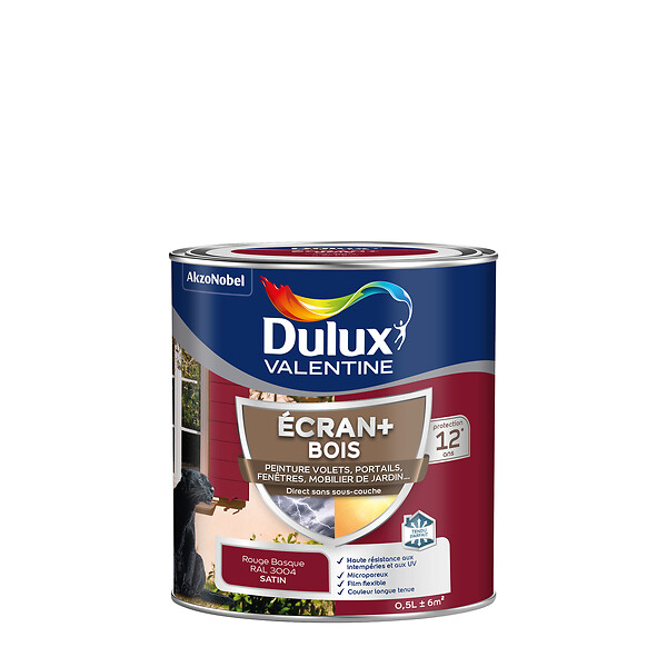 DULUX VALENTINE - Peinture extérieure Bois Ecran+ Dulux Valentine Satin-RougeBasque 0,5L - large