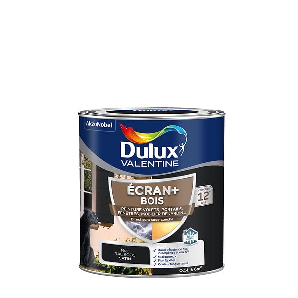 DULUX VALENTINE - Peinture extérieure Bois Ecran+ Dulux Valentine Satin - Noir 0,5 L - large
