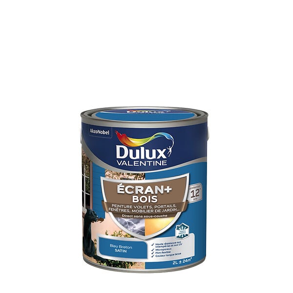 DULUX VALENTINE - Peinture extérieure Bois Ecran+ - Bleu Breton - 2L - large