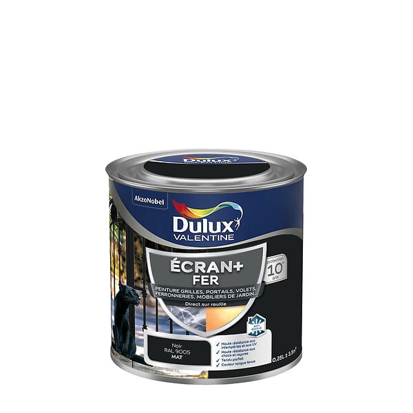 DULUX VALENTINE - Peinture fer extérieure Ecran+ Mat - Noir 0,25 L - large
