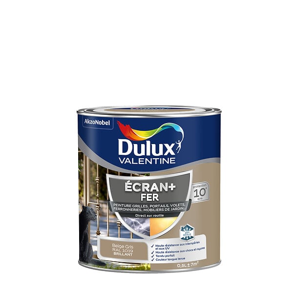DULUX VALENTINE - Peinture extérieure Fer Ecran+Dulux Valentine Brillant-Beige Gris 0,5L - large
