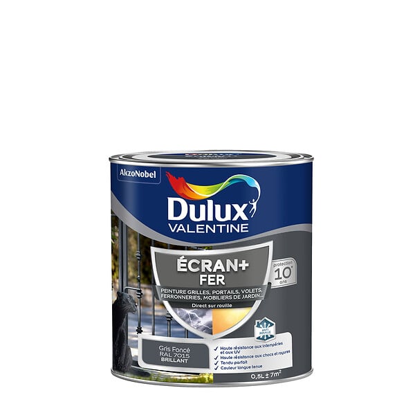 DULUX VALENTINE - Peinture extérieure Fer Ecran+ Dulux Valentine Brill - Gris Foncé 0,5L - large