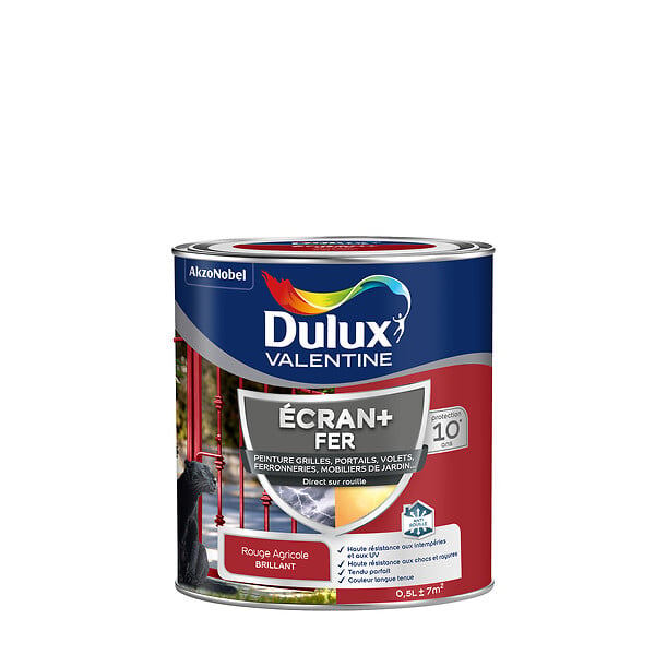 DULUX VALENTINE - Peinture extérieure Fer Ecran+Dulux Valentine Bril-Rouge Agricole 0,5L - large