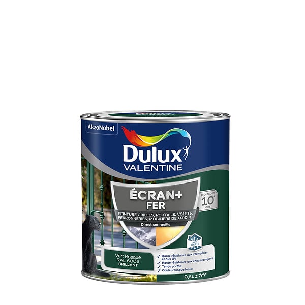 DULUX VALENTINE - Peinture extérieure Fer Ecran+ Dulux Valentine Brill-Vert Basque 0,5 L - large