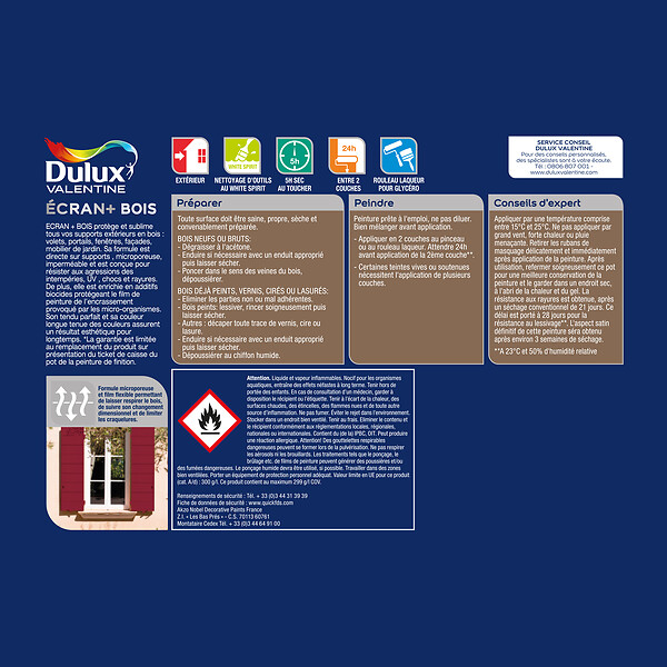 DULUX VALENTINE - Peinture extérieure Bois Ecran+ Satin - Blanc 0,25 L - large