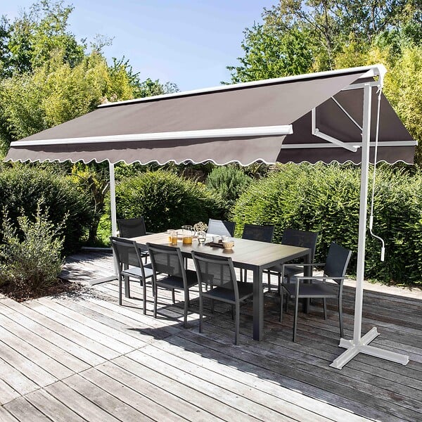OVIALA - Store double pente avec coffre 3 x 4 m en aluminium taupe - Delgada - large