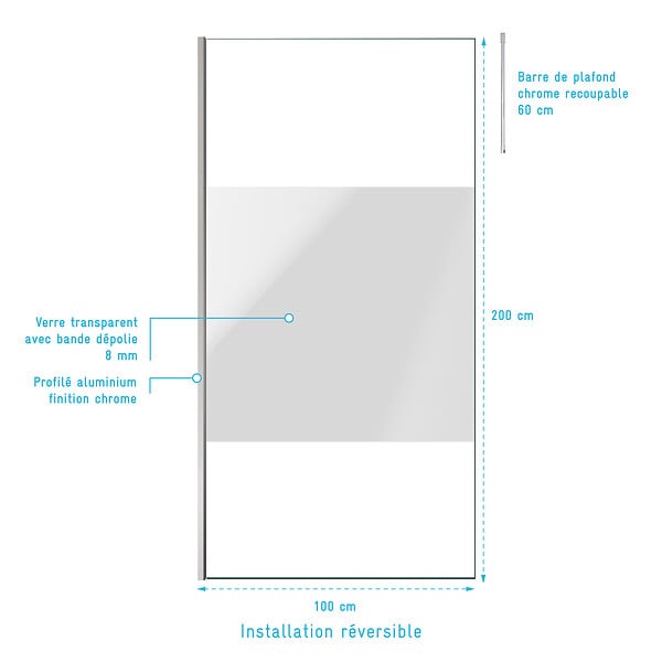 AURLANE - Paroi de Douche 100x200cm Dépolie - Profilé + Barre Plafond Finition Chrome - FREEDOM 2 FROSTED - large