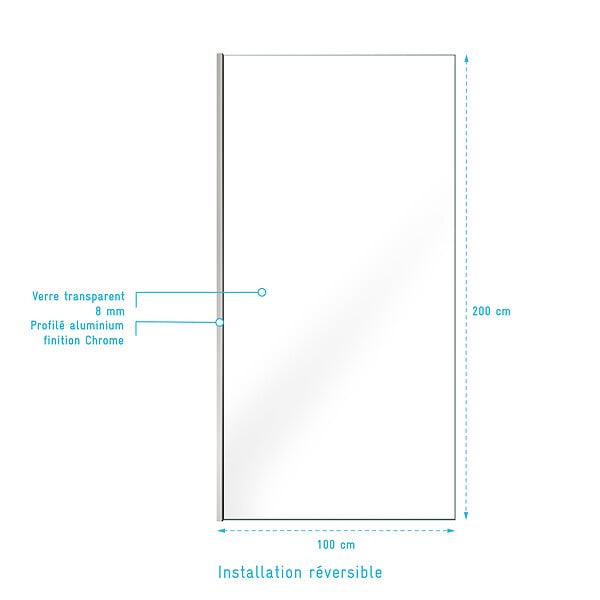 AURLANE - Paroi de Douche 100x200cm - Verre Trempé Transparent 8mm - Profilé Chrome - FREEDOM 2 CHROMED - large