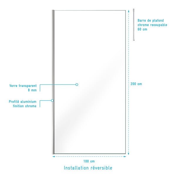 AURLANE - Paroi de Douche 100x200cm Verre Transparent - Profilé + Barre Plafond Chrome - FREEDOM 2 CHROMED - large