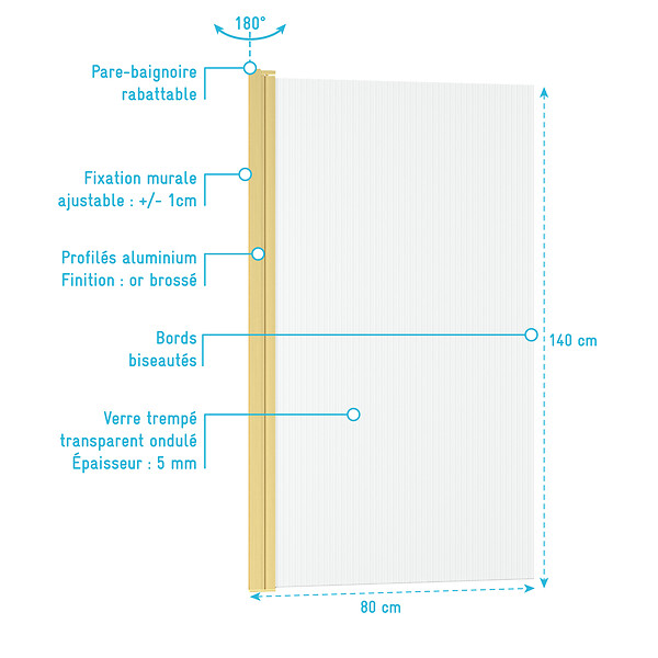 AURLANE - Pare baignoire Rabattable 80x140cm - Profilé Or Doré Brossé - Verre Trempé Ondulé 5mm - WAVY - large