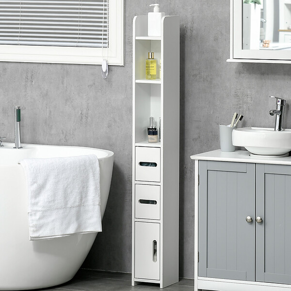 KLEANKIN - Meuble bas colonne rangement salle de bain WC 3 portes 2 niches étagère blanc - large