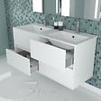 AURLANE - Meuble Salle de Bains 120 cm Laqué Blanc 4 Tiroirs, Vasque, Miroirs 60x80 à Leds intégrées - XENOS - vignette