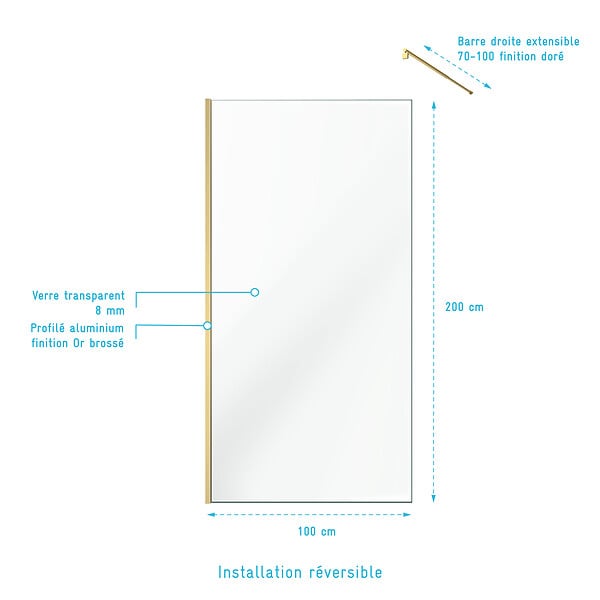 AURLANE - Paroi de Douche 100x200cm Verre Transparent - Barre de Fixation Extensible et Profil Or Brossé - large