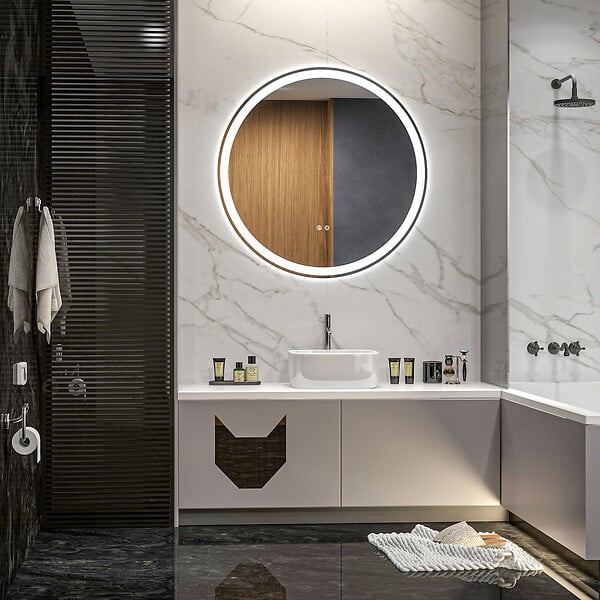 KLEANKIN - Miroir rond lumineux LED de salle de bain Ø 80 cm mural avec éclairage 3 couleurs interrupteur tactile système antibuée 46W blanc argent - large