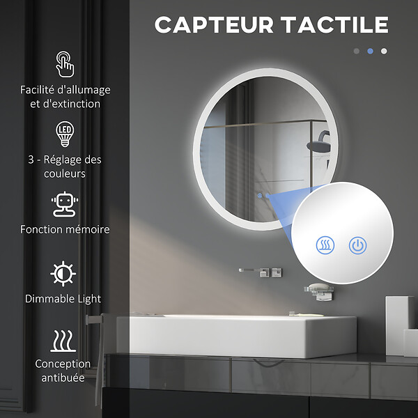 KLEANKIN - Miroir rond lumineux LED de salle de bain Ø 60 cm mural avec éclairage 3 couleurs interrupteur tactile système antibuée 29 W gris - large