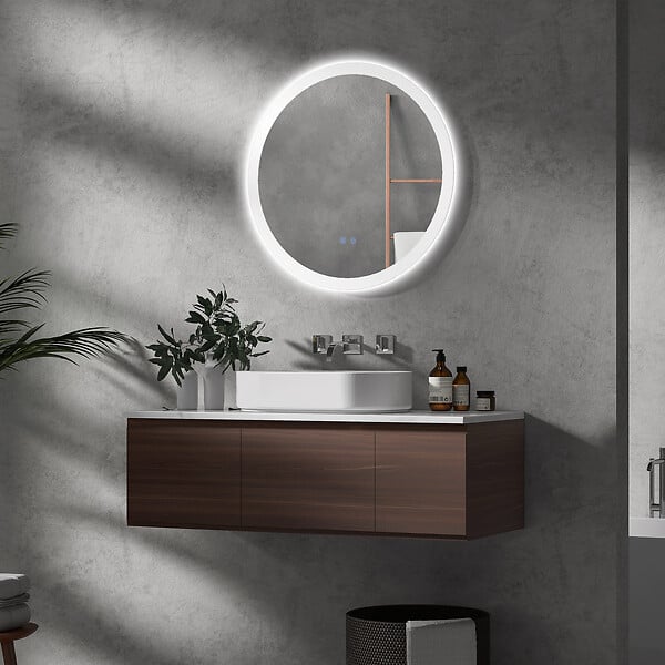 KLEANKIN - Miroir rond lumineux LED de salle de bain Ø 70 cm mural avec éclairage 3 couleurs interrupteur tactile système antibuée 35W blanc argent - large