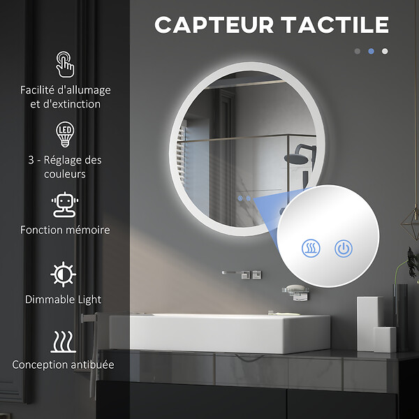 KLEANKIN - Miroir rond lumineux LED de salle de bain Ø 70 cm mural avec éclairage 3 couleurs interrupteur tactile système antibuée 35W blanc argent - large