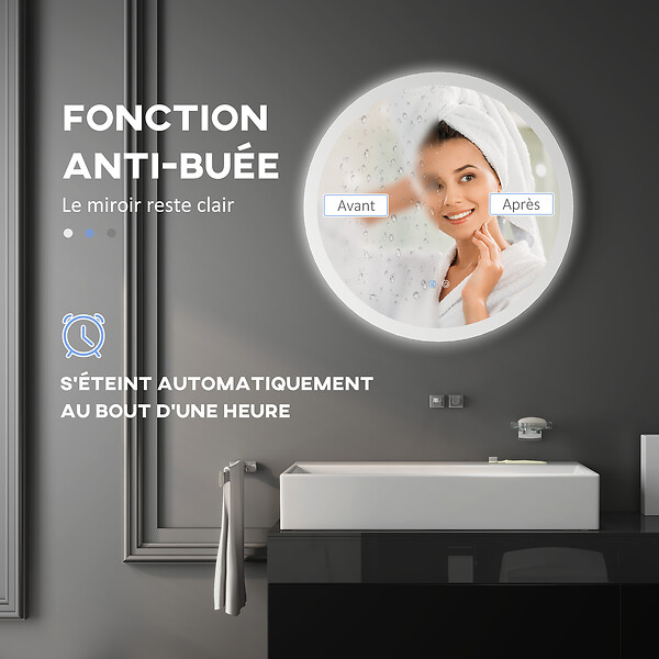 KLEANKIN - Miroir rond lumineux LED de salle de bain Ø 70 cm mural avec éclairage 3 couleurs interrupteur tactile système antibuée 35W blanc argent - large