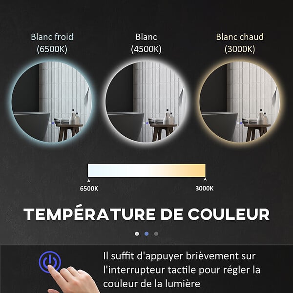 KLEANKIN - Miroir rond lumineux LED de salle de bain 70 cm avec éclairage interrupteur tactile système antibuée miroir mural LED à luminosité réglable 35 W gris - large