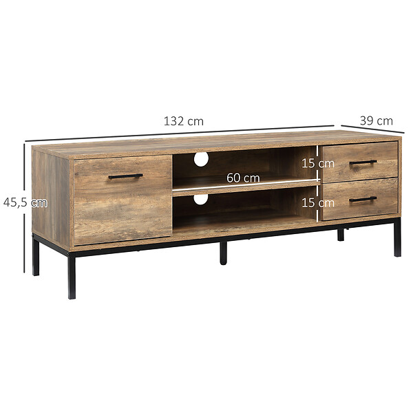 HOMCOM - Meuble TV banc TV design industriel - porte, 2 tiroirs, 2 niches - piètement acier noir - aspect bois de manguier - large