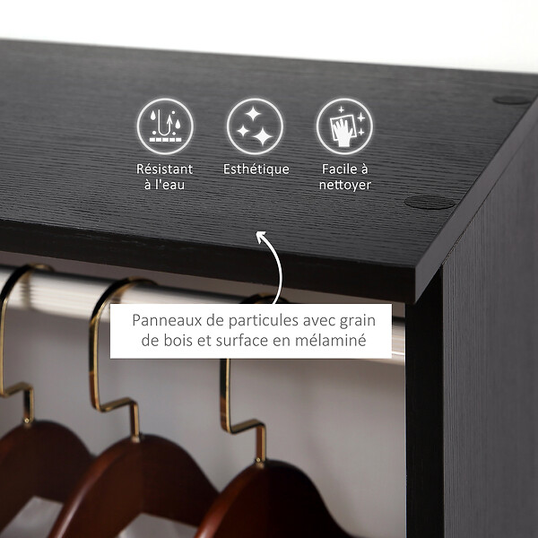 HOMCOM - Armoire penderie meuble de rangement mobile 6 roulettes 120L x 40l x 128H cm panneaux de particules aspect bois noir - large