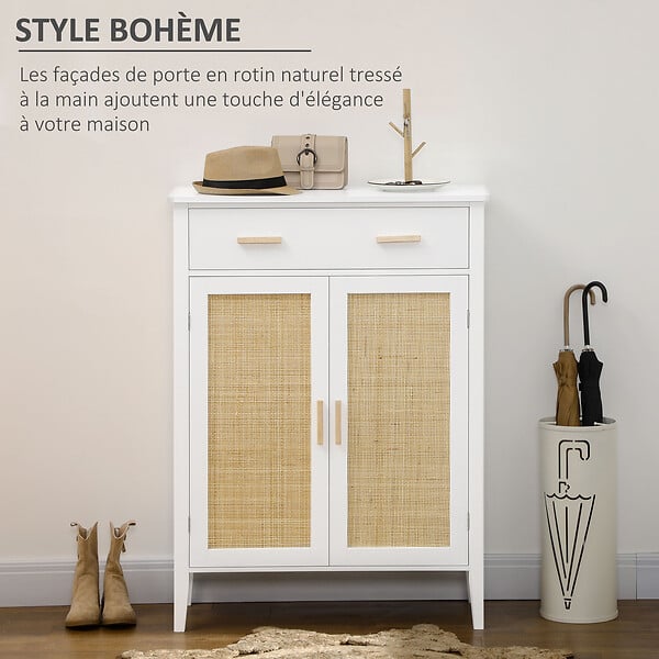 HOMCOM - Meuble à chaussures style bohème chic - 2 portes, 3 étagères, tiroir - MDF blanc cannage rotin - large