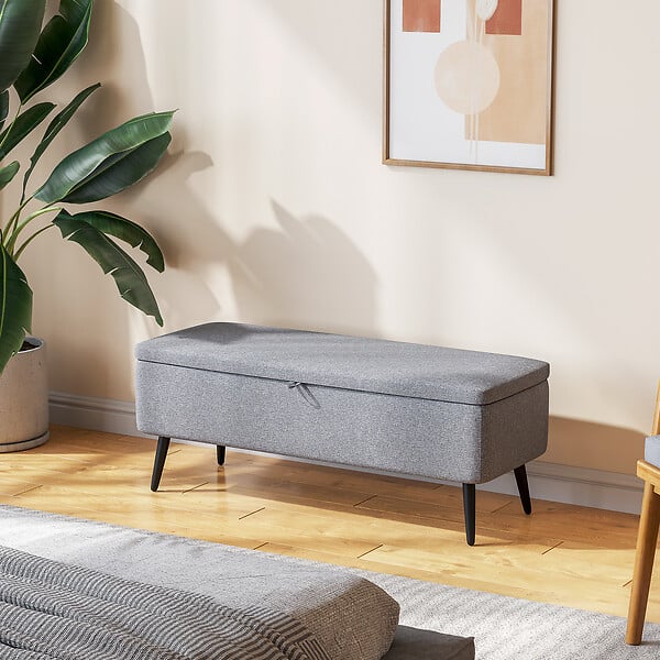 HOMCOM - Banc coffre de rangement 2 en 1 dim. 102L x 40l x 39H cm piètement acier noir tissu gris - large