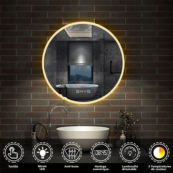 AICA SANITAIRE - Horloge LED rond anti-buée miroir de salle de bain tricolore tactile 70x70cm - large