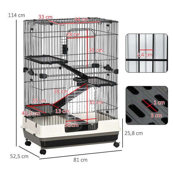 PAWHUT - Cage pour cochons d'Inde chinchilla rongeur sur roulettes - 3 étages, 2 portes, trappe, plateau déjection - noir gris - large