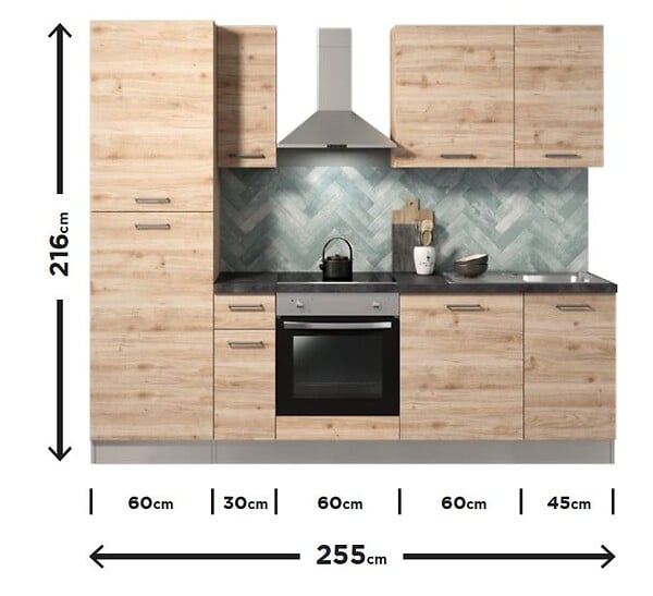 MARINELLI - Cuisine avec meubles prémontés Caterina - Chene et ardoise - 255cm - large