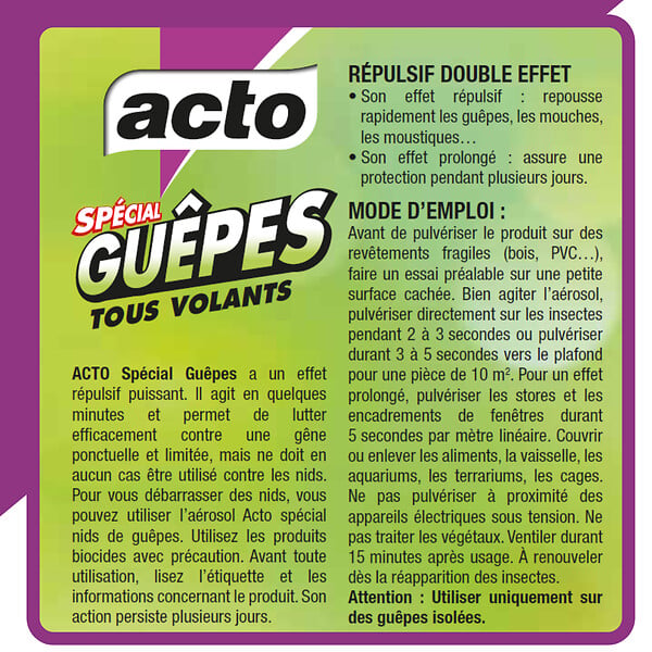 ACTO - Aérosol spécial guêpes tous volants - 500ml - Répulsif - large