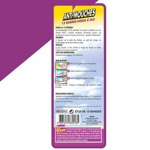 ACTO - Bandes-pièges anti-mouches - Adhésif - 12 bandes - large