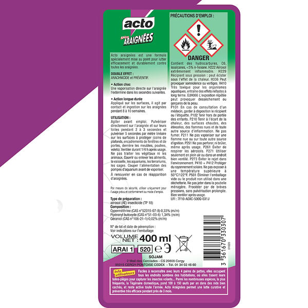 ACTO - Aérosol 400ml spécial araignées - large