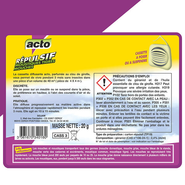 ACTO - Cassette répulsive mouches - moustiques 20gr - large