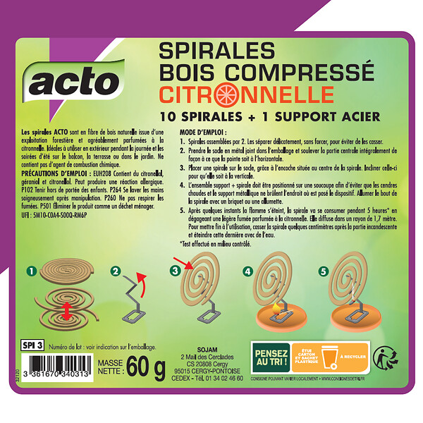 ACTO - Spirales anti-moustiques bois compressé citronnelle lot 10 - large