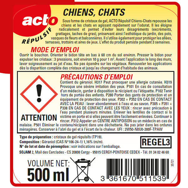 RETRO - Cristaux de gel répulsif chiens chats - 500 g - 3 semaines - large