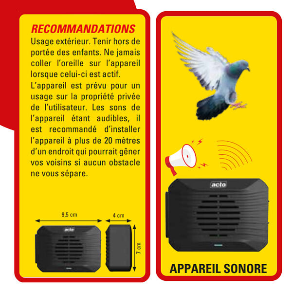 ACTO - Repulsif sonore portatif - Anti-oiseaux - Étanche IP44 - large