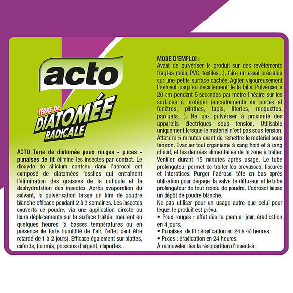 ACTO - Terre de diatomee poudre fourmis - puces - punaises de lit 500ml - large