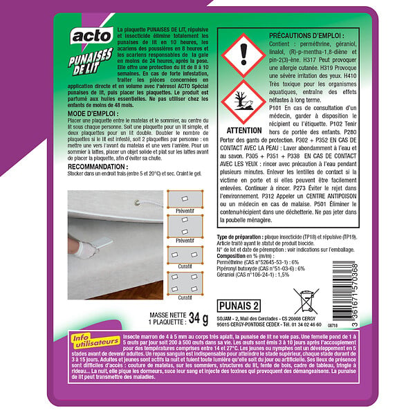 ACTO - Plaquette anti-punaises de lit et acariens - 50 g - large