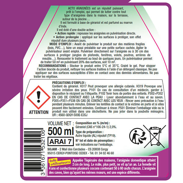 ACTO - Pulvérisateur répulsif anti-araignées - 500ml - Géraniol - large